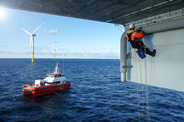 Wind-turbine, offshore, worker, climbing, high up, boat, sea